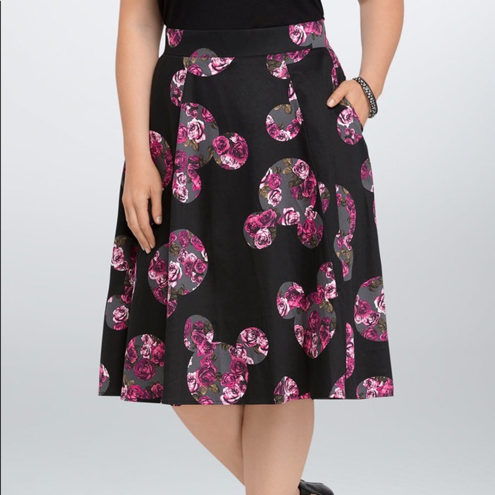 Torrid Disney Black A-Line Skirt with Pink Floral Mickey Heads